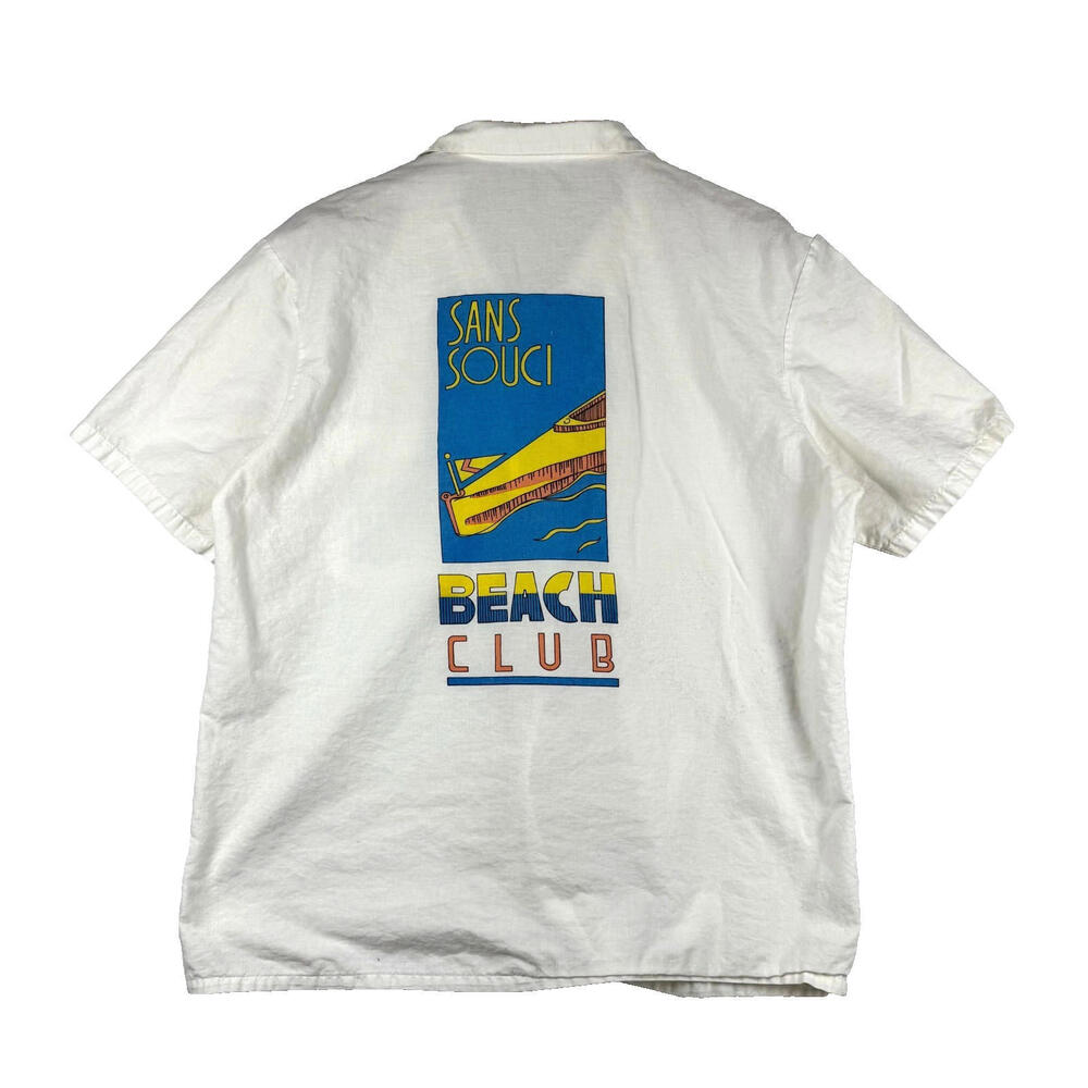 Vintage 80s 90s Sans Souci Beach Club Large Relaxed Vacation White Button Shirt